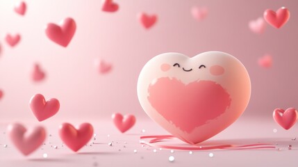 Wall Mural - A cute, smiling heart surrounded by smaller hearts on a soft pink background.