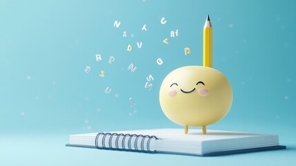 Sticker - A cheerful character with a pencil stands on a notebook, surrounded by floating letters.