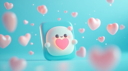 Wall Mural - A cute, animated character with a heart, surrounded by floating hearts on a blue background.