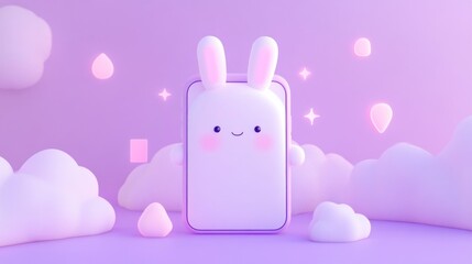 Wall Mural - A cute, cartoonish smartphone with bunny ears in a pastel cloud setting.