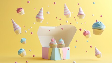 Poster - A colorful display of cupcakes in a box with floating decorations.