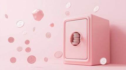 Sticker - A pink safe with coins floating around, symbolizing saving and finance.