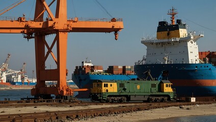 Sticker - Port crane unloading a large cargo ship with a diesel-electric locomotive.