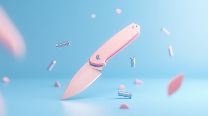 Canvas Print - A pastel pink folding knife surrounded by colorful geometric shapes on a blue background.