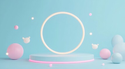 Sticker - A minimalist display featuring pastel colors and shapes, ideal for showcasing products.