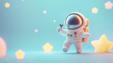 Canvas Print - A cute astronaut figure holding a tool, surrounded by stars against a soft pastel background.