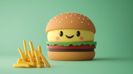 Wall Mural - A cute, cartoonish hamburger with a smiling face next to a pile of fries.