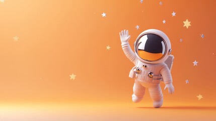 Wall Mural - a playful astronaut character waving against a vibrant orange background with stars.