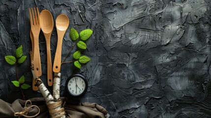 A wooden spoon, fork, and knife are displayed on a black background