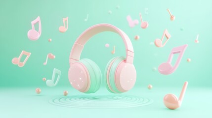 A whimsical illustration of headphones surrounded by musical notes and sound waves.