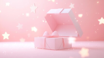 Canvas Print - A pink gift box with a bow, set against a soft pink background with starry decorations.