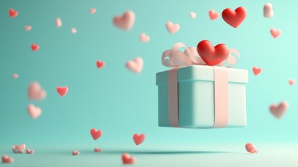 Sticker - A floating gift box surrounded by hearts, symbolizing love and celebration.