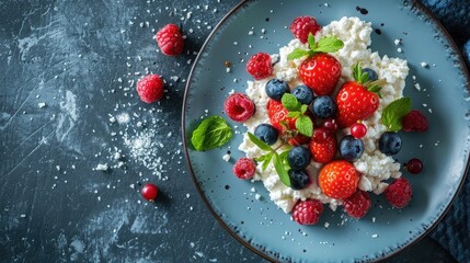 Berries and mint with cottage cheese on a blue plate top view