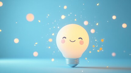 Sticker - A cheerful light bulb with a smiling face, surrounded by glowing particles on a blue background.