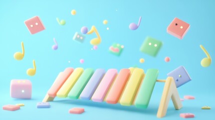 Wall Mural - A colorful xylophone with musical notes and blocks floating in a playful, vibrant background.