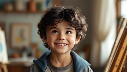 Wall Mural - Joyful boy engaged in art class at elementary school, expressing creativity and happiness