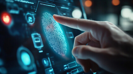 Canvas Print - Businessman scanning fingerprint on futuristic touchscreen interface with glowing digital data and computer icons