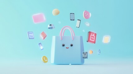 Sticker - A cheerful shopping bag surrounded by various digital icons representing online shopping.