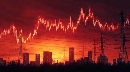 A red stock market graph going up with an electricity pylon in front of it, silhouette city skyline in the background