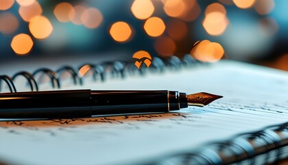 Elegant Pen Detail Against Blurred Handwritten Notes in a Notebook