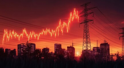 A red stock market graph going up with an electricity pylon in front of it, silhouette city skyline in the background