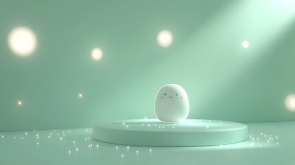 Poster - A cute, minimalistic character on a pedestal with soft lighting and sparkles.