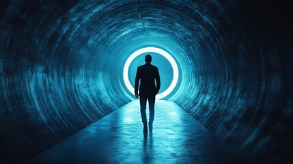 Wall Mural - A man walks through a tunnel with a blue light in the middle