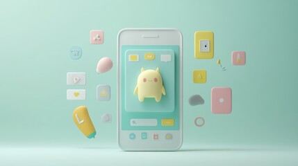 Poster - A whimsical smartphone design featuring a cute character and various colorful icons.