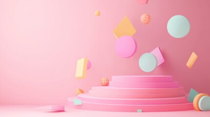 A playful arrangement of colorful geometric shapes on a pink backdrop, ideal for graphic design.