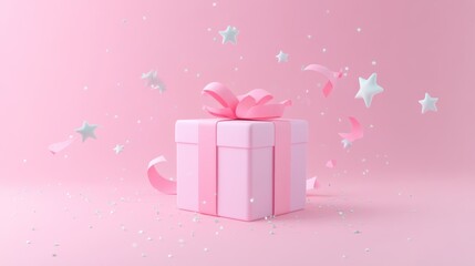 Canvas Print - A pink gift box with a bow, surrounded by stars and confetti, celebrating joy and surprise.