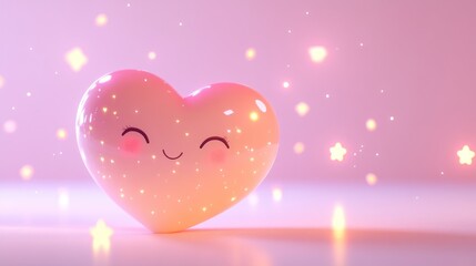 Wall Mural - A cute, glowing heart character with a smiling face, surrounded by sparkling stars.