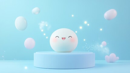 Wall Mural - A cute, smiling character surrounded by soft shapes and sparkles on a pastel background.