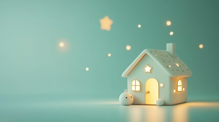 Wall Mural - A whimsical ceramic house with glowing windows and floating stars, evoking a cozy atmosphere.