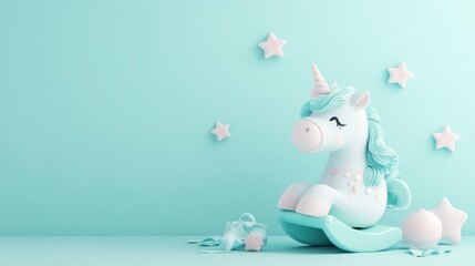 Poster - A whimsical rocking unicorn toy against a soft pastel background, ideal for a child's room.