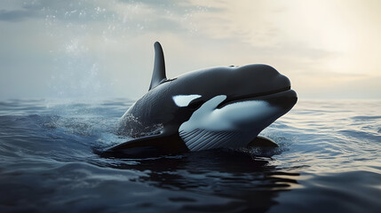 Close-up of killer whale in deep blue ocean, striking black-and-white coloration, vast open water, serene, detailed, contrast.