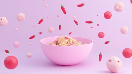 Poster - A vibrant pink bowl of spaghetti surrounded by floating colorful ingredients.