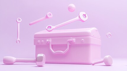 Canvas Print - A pink toolbox surrounded by floating tools, emphasizing a playful design aesthetic.