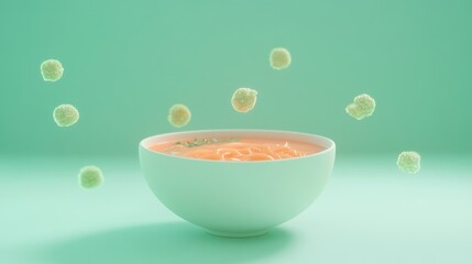 A bowl of soup with floating green spheres against a mint background.