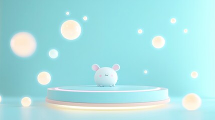 Sticker - A cute, cartoonish mouse figure on a glowing platform surrounded by floating bubbles.