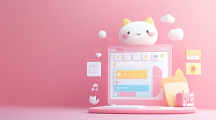 Sticker - A cute, pastel-themed digital workspace featuring a cheerful cat and playful interface elements.