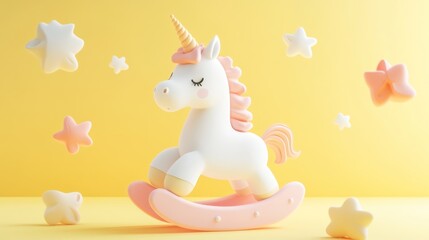 Canvas Print - A whimsical rocking unicorn toy surrounded by pastel stars on a soft yellow background.