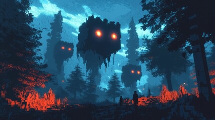 Wall Mural - Eerie 3D Cube Forest with Glowing Eyes - Mysterious Pixelated Figures in Dark Landscape