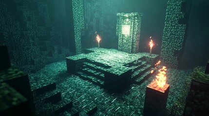 Wall Mural - Mystical 3D Cube World with Cursed Altar and Pixelated Creatures in Dark Cave