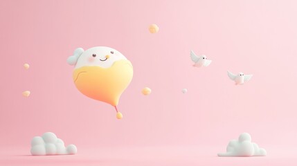 Sticker - A whimsical scene featuring a smiling balloon creature and playful birds against a soft pink background.