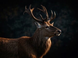 Wall Mural - Red deer portrait against a dark backdrop.