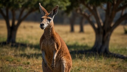 Wall Mural - Red kangaroo standing in grasslands.