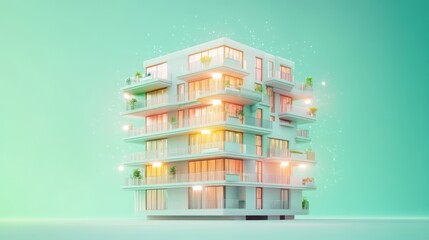 Wall Mural - A modern, stylized apartment building with glowing accents and greenery.