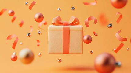 Wall Mural - A festive gift box surrounded by colorful decorations on an orange background.