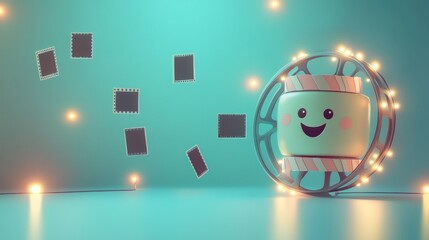 Sticker - A cheerful character with lights and floating images in a playful, colorful setting.