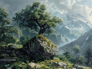 Canvas Print - Majestic Mountain Landscape with a Lone Tree